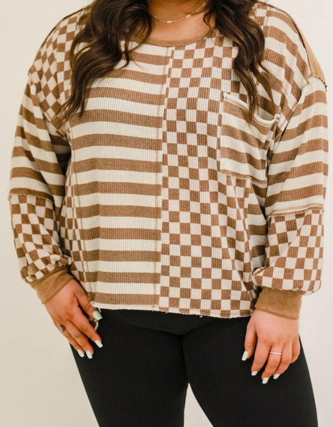 Khaki Striped Checkered Mixed Print Chest Pocket Casual Plus Size Top