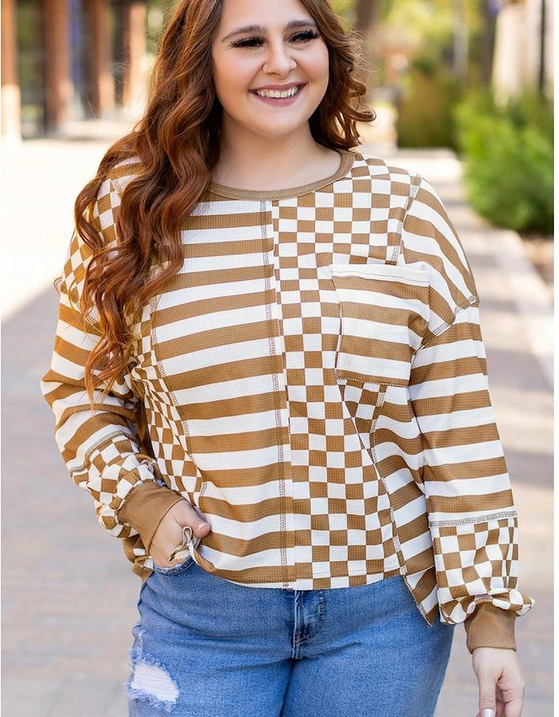 Khaki Striped Checkered Mixed Print Chest Pocket Casual Plus Size Top