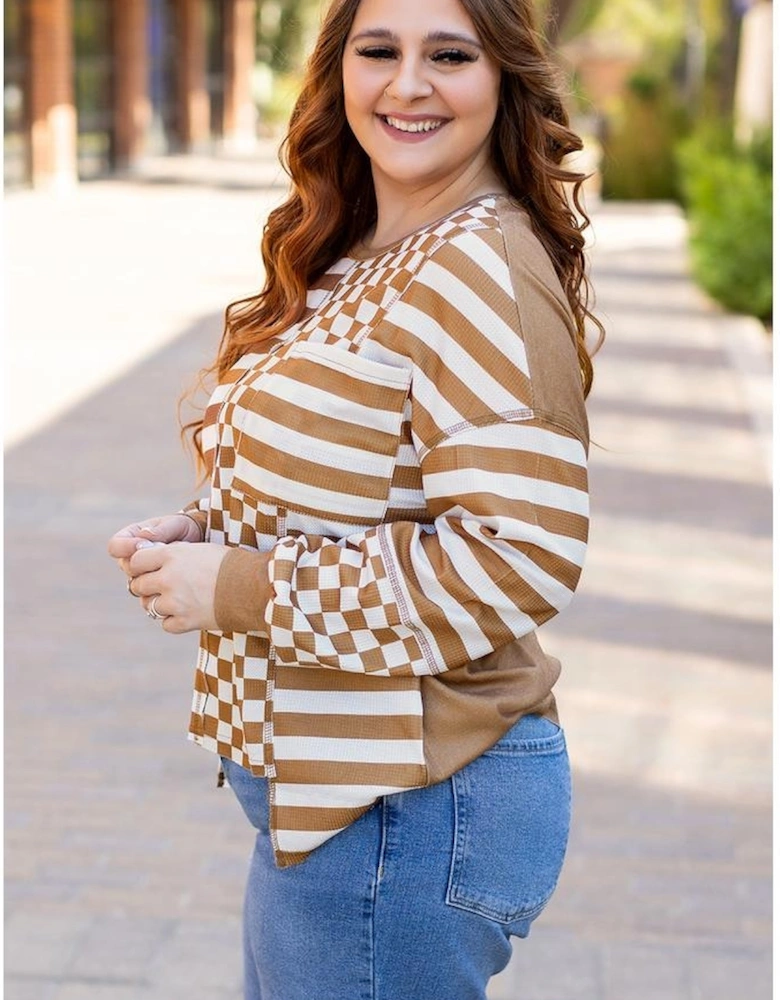 Khaki Striped Checkered Mixed Print Chest Pocket Casual Plus Size Top