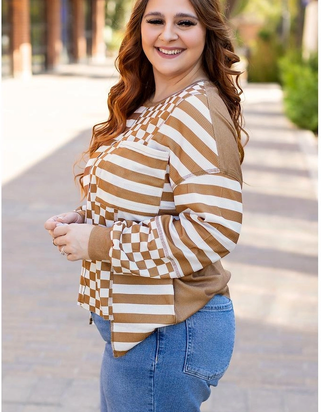 Khaki Striped Checkered Mixed Print Chest Pocket Casual Plus Size Top