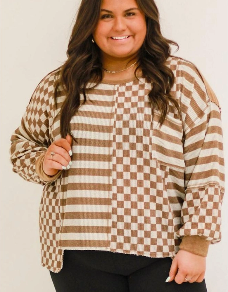 Khaki Striped Checkered Mixed Print Chest Pocket Casual Plus Size Top