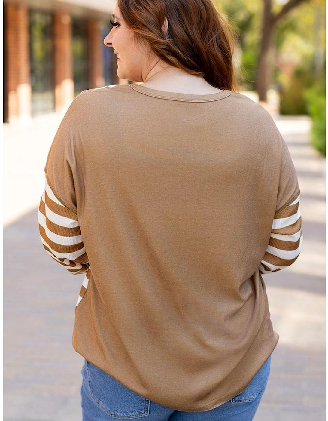 Khaki Striped Checkered Mixed Print Chest Pocket Casual Plus Size Top