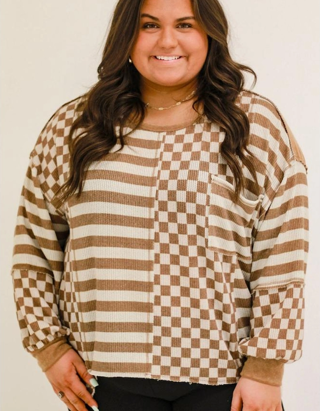 Khaki Striped Checkered Mixed Print Chest Pocket Casual Plus Size Top