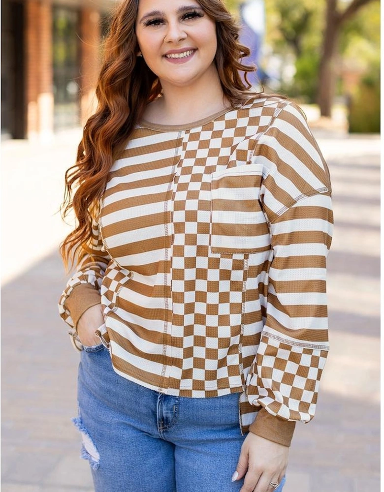 Khaki Striped Checkered Mixed Print Chest Pocket Casual Plus Size Top