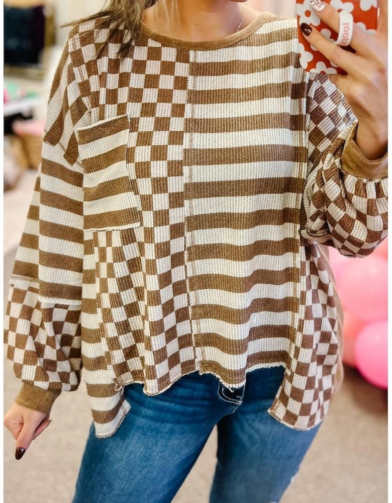 Khaki Striped Checkered Mixed Print Chest Pocket Casual Plus Size Top