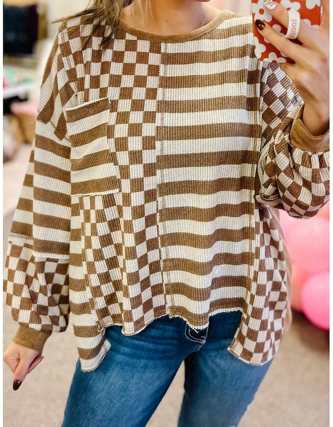 Khaki Striped Checkered Mixed Print Chest Pocket Casual Plus Size Top