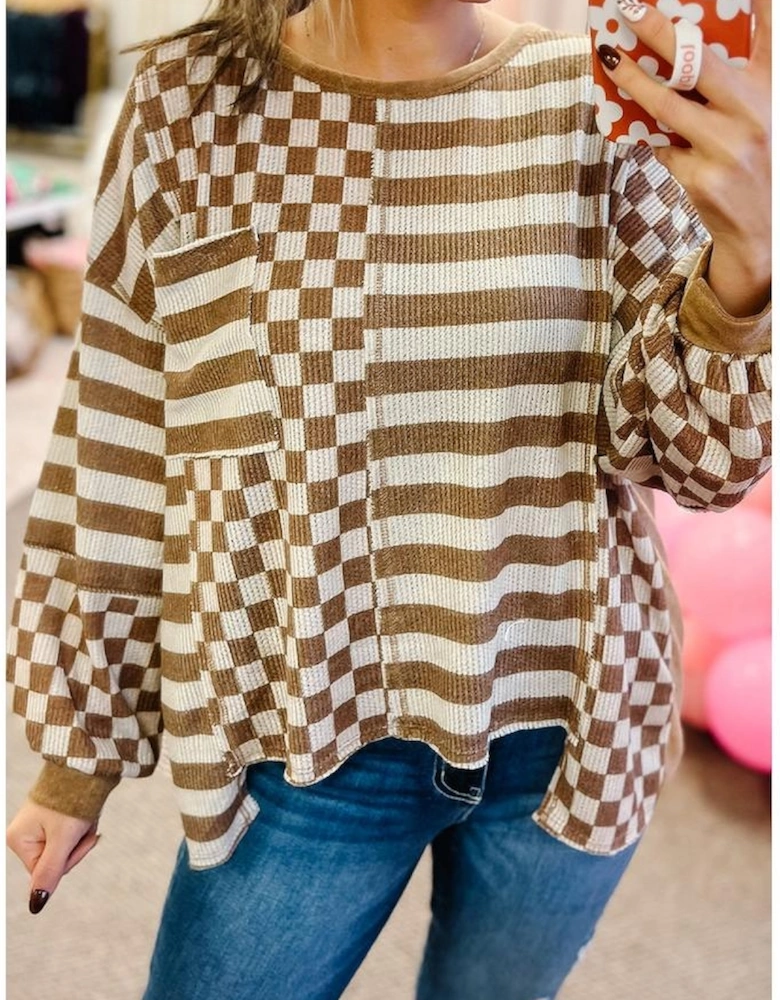 Khaki Striped Checkered Mixed Print Chest Pocket Casual Plus Size Top