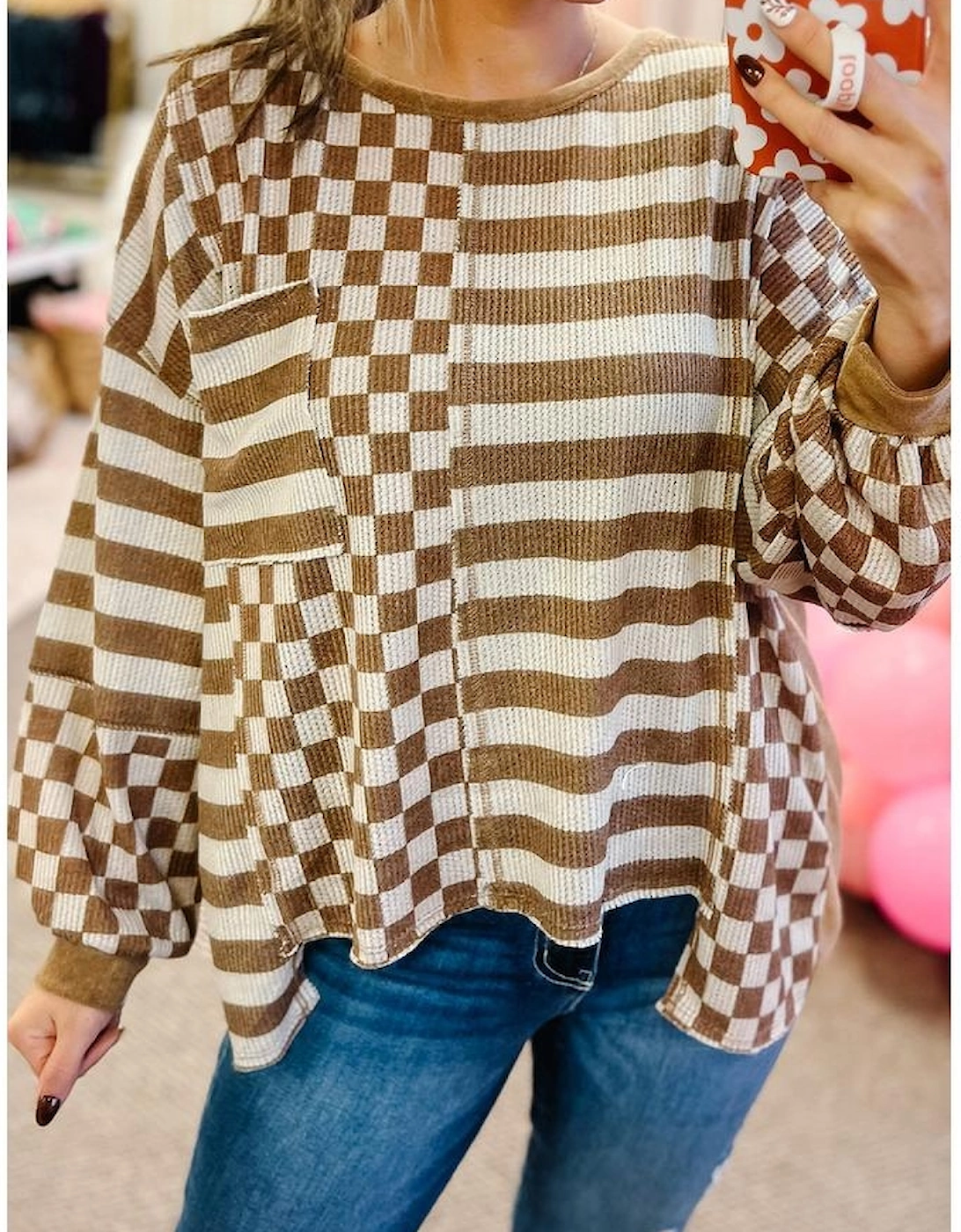 Khaki Striped Checkered Mixed Print Chest Pocket Casual Plus Size Top