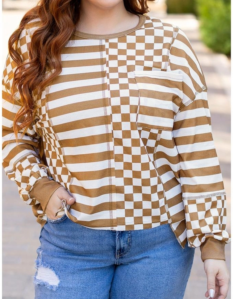 Khaki Striped Checkered Mixed Print Chest Pocket Casual Plus Size Top