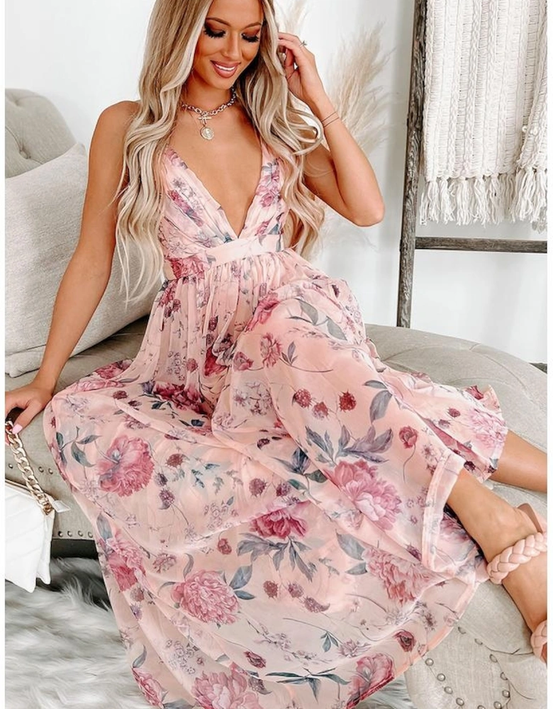 Pink Floral Pleated Bust Deep V Empire Waist Backless Maxi Dress