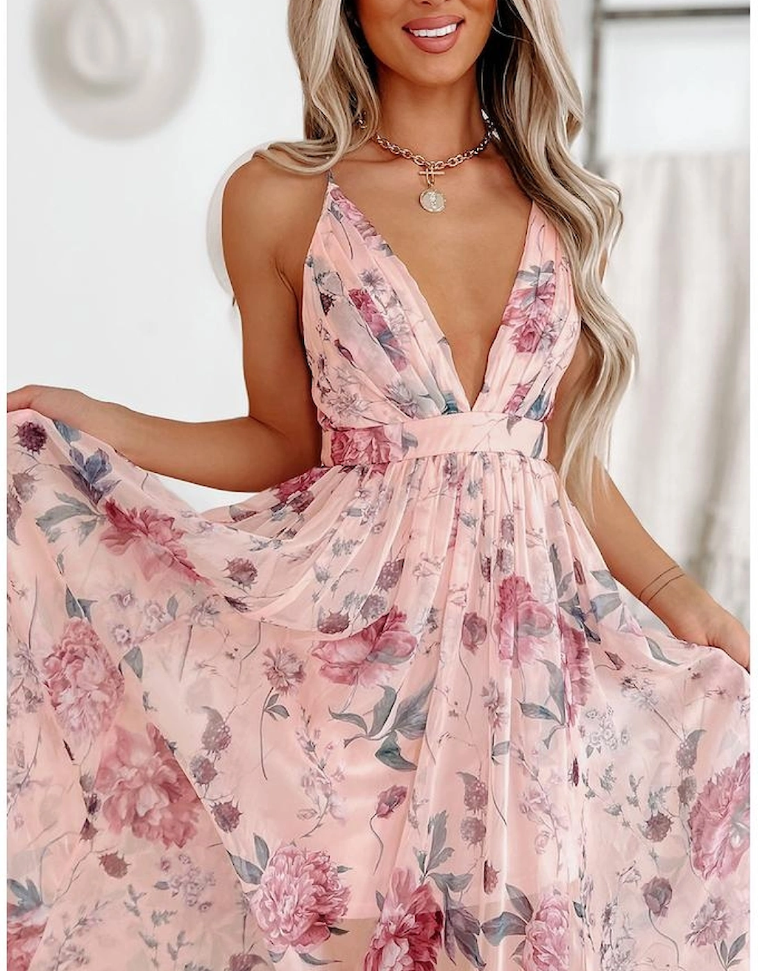 Pink Floral Pleated Bust Deep V Empire Waist Backless Maxi Dress
