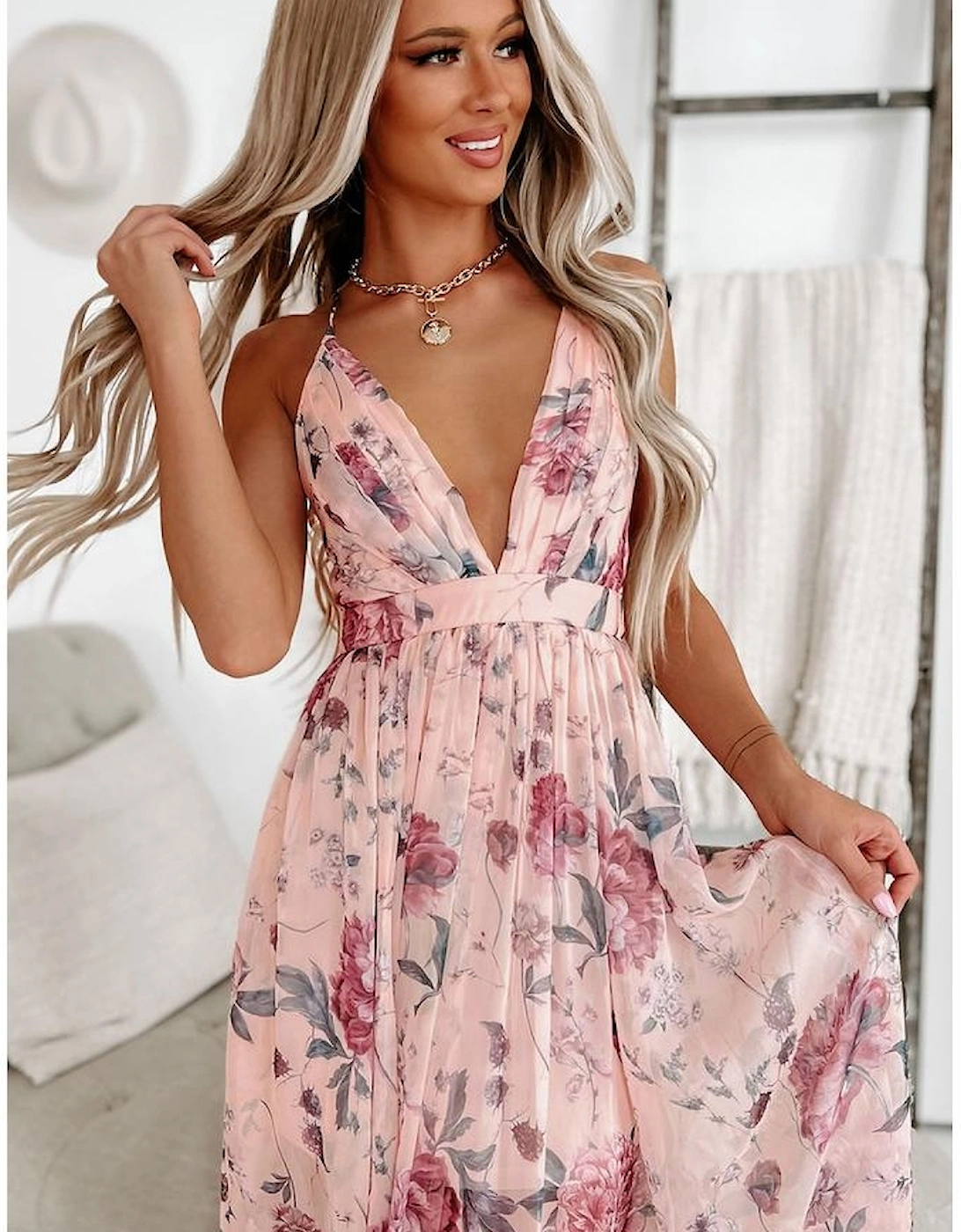 Pink Floral Pleated Bust Deep V Empire Waist Backless Maxi Dress
