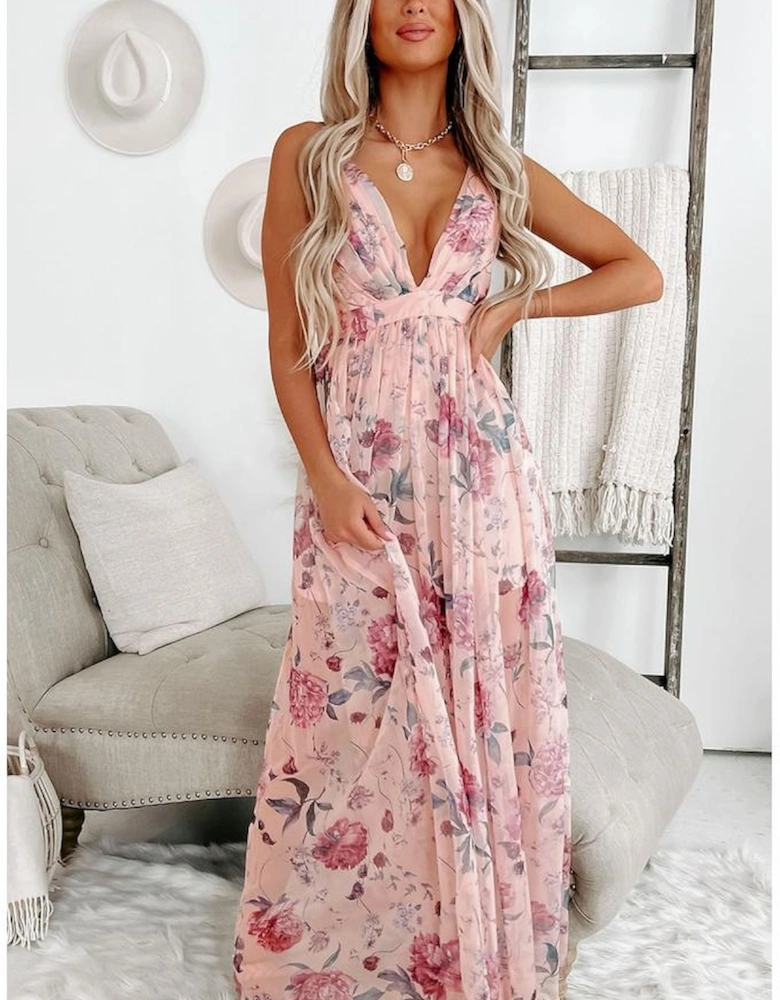 Pink Floral Pleated Bust Deep V Empire Waist Backless Maxi Dress