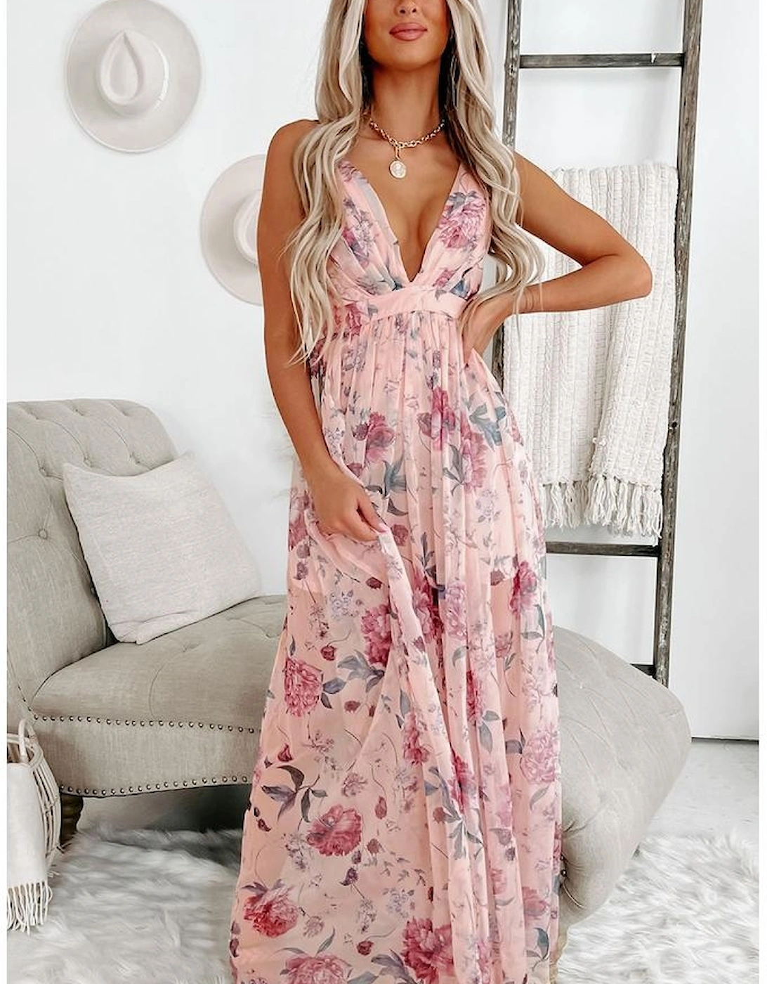 Pink Floral Pleated Bust Deep V Empire Waist Backless Maxi Dress