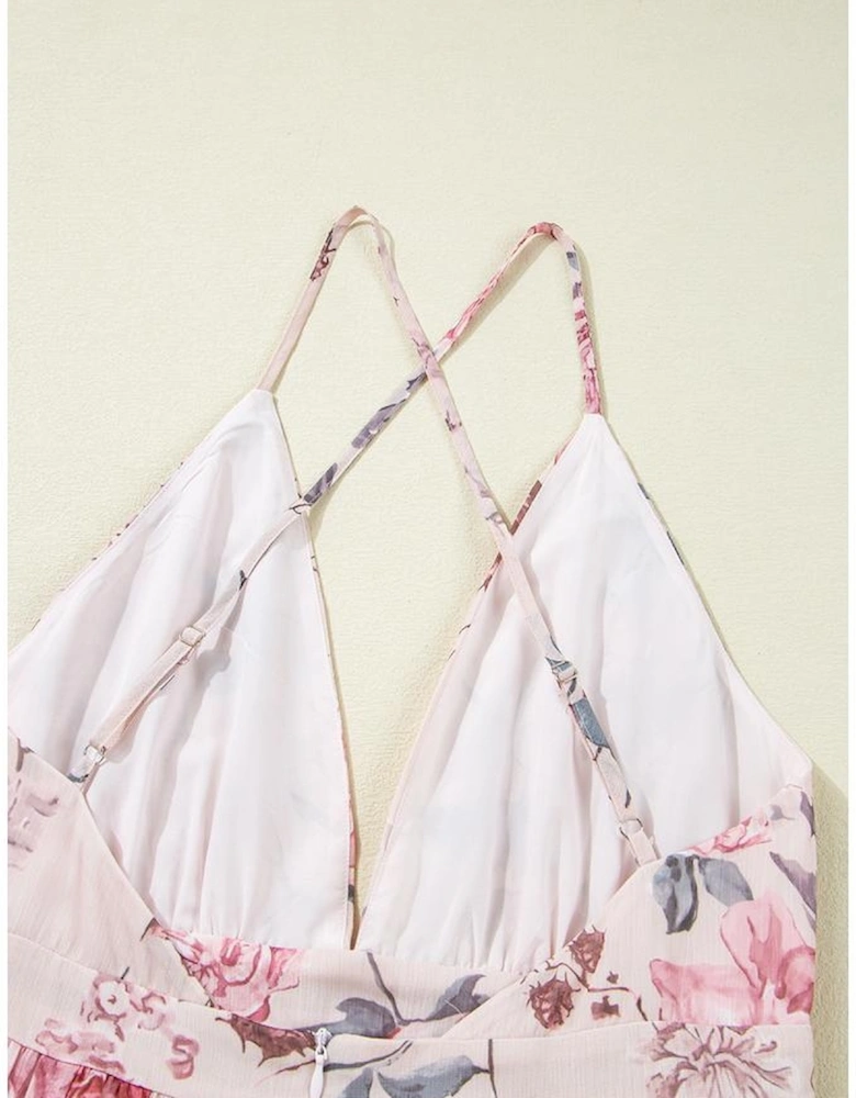 Pink Floral Pleated Bust Deep V Empire Waist Backless Maxi Dress