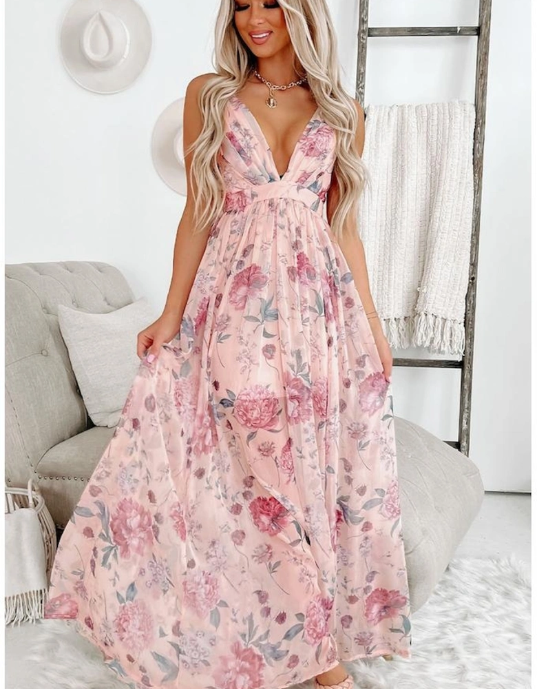 Pink Floral Pleated Bust Deep V Empire Waist Backless Maxi Dress