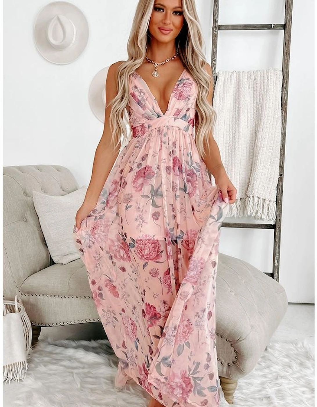 Pink Floral Pleated Bust Deep V Empire Waist Backless Maxi Dress