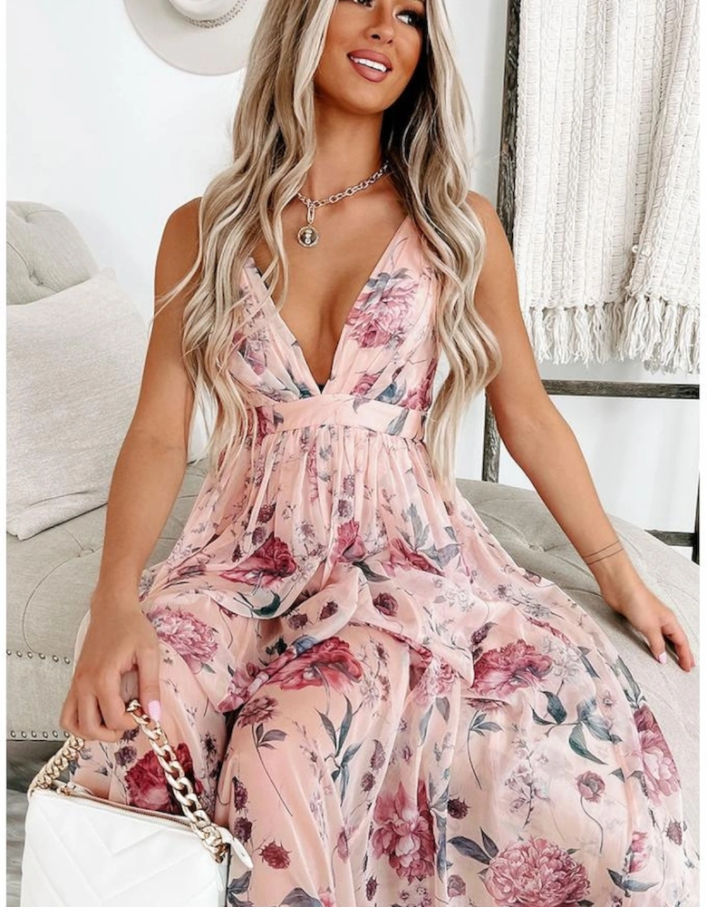 Pink Floral Pleated Bust Deep V Empire Waist Backless Maxi Dress