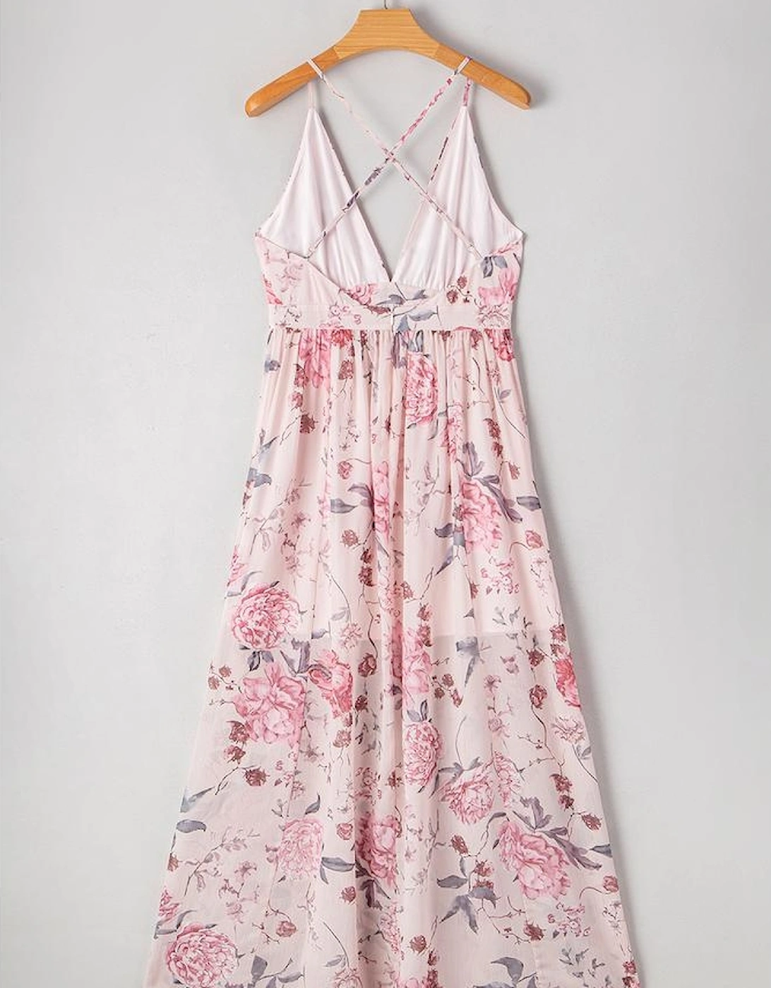 Pink Floral Pleated Bust Deep V Empire Waist Backless Maxi Dress
