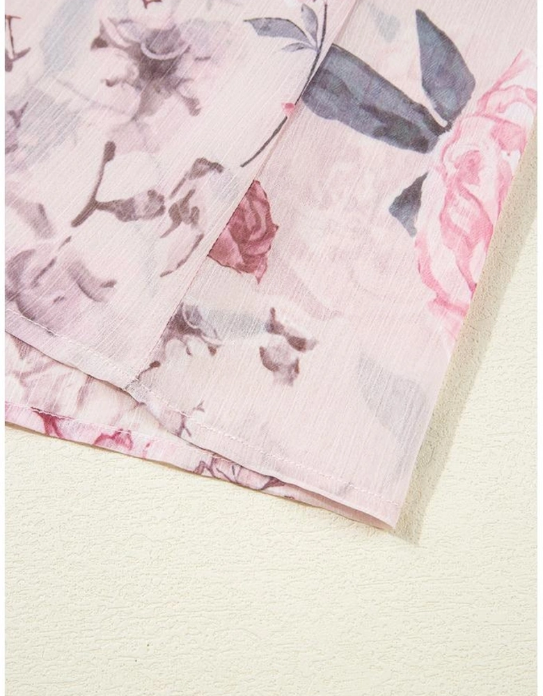 Pink Floral Pleated Bust Deep V Empire Waist Backless Maxi Dress