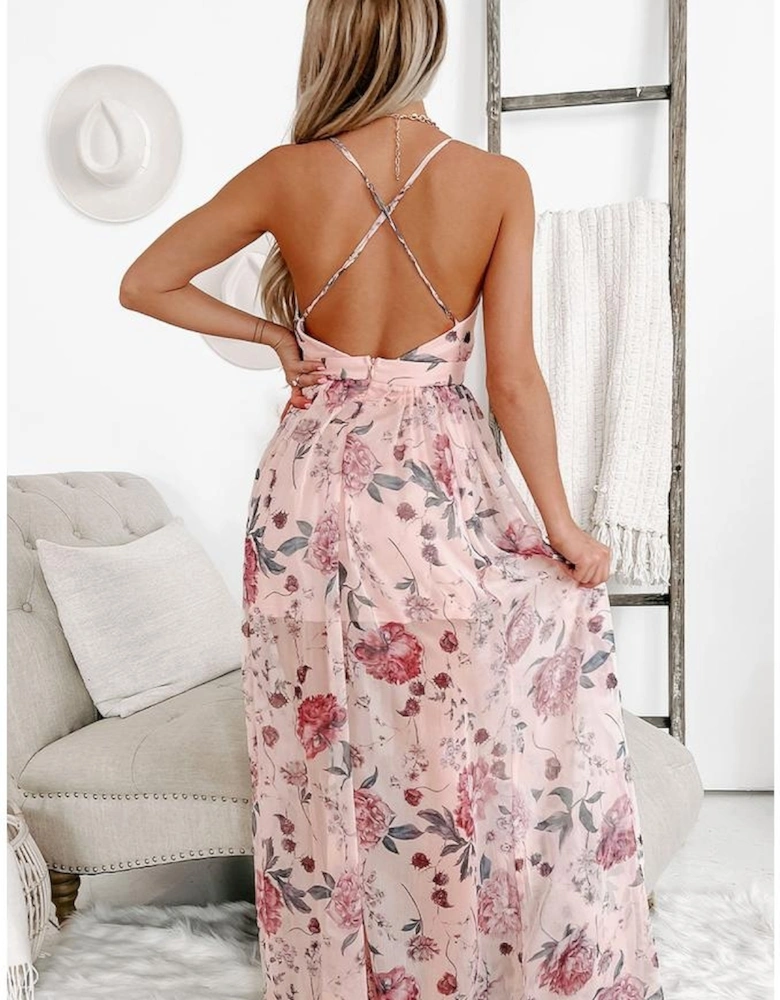 Pink Floral Pleated Bust Deep V Empire Waist Backless Maxi Dress