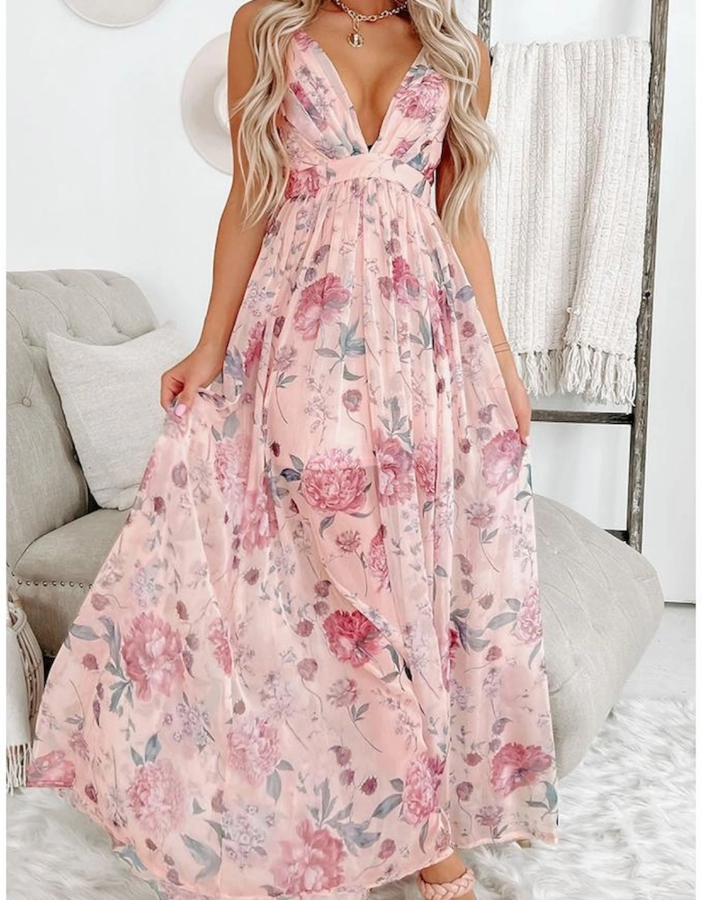 Pink Floral Pleated Bust Deep V Empire Waist Backless Maxi Dress
