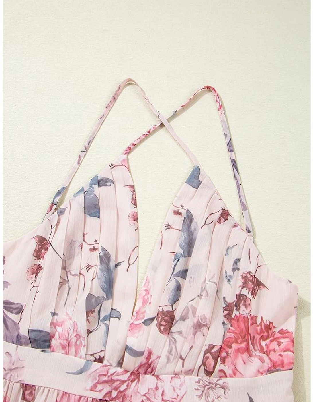 Pink Floral Pleated Bust Deep V Empire Waist Backless Maxi Dress