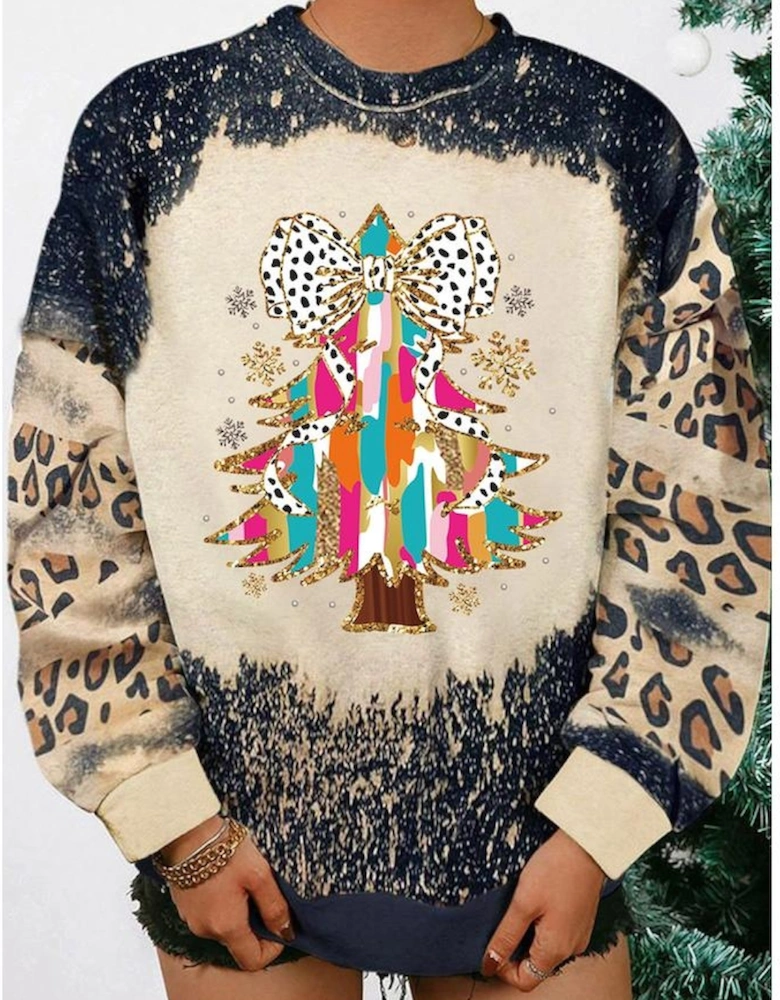 Black Christmas Tree Graphic Bleached Leopard Tie Dye Sweatshirt