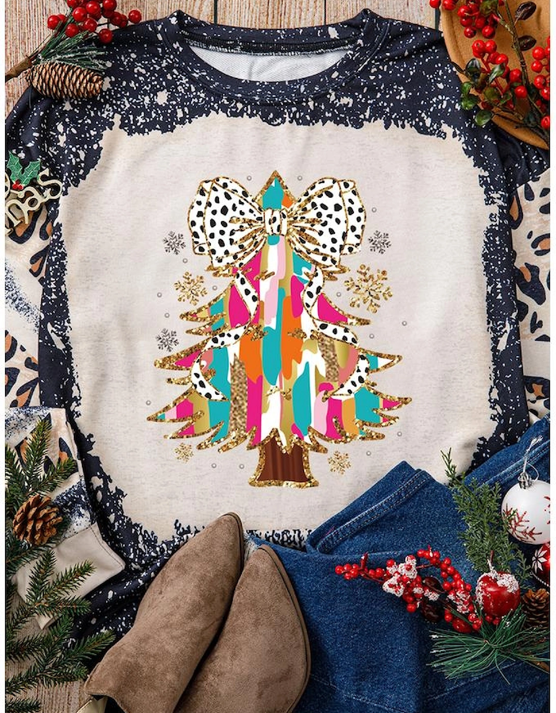 Black Christmas Tree Graphic Bleached Leopard Tie Dye Sweatshirt, 4 of 3