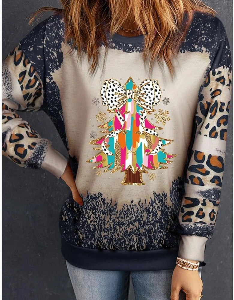 Black Christmas Tree Graphic Bleached Leopard Tie Dye Sweatshirt