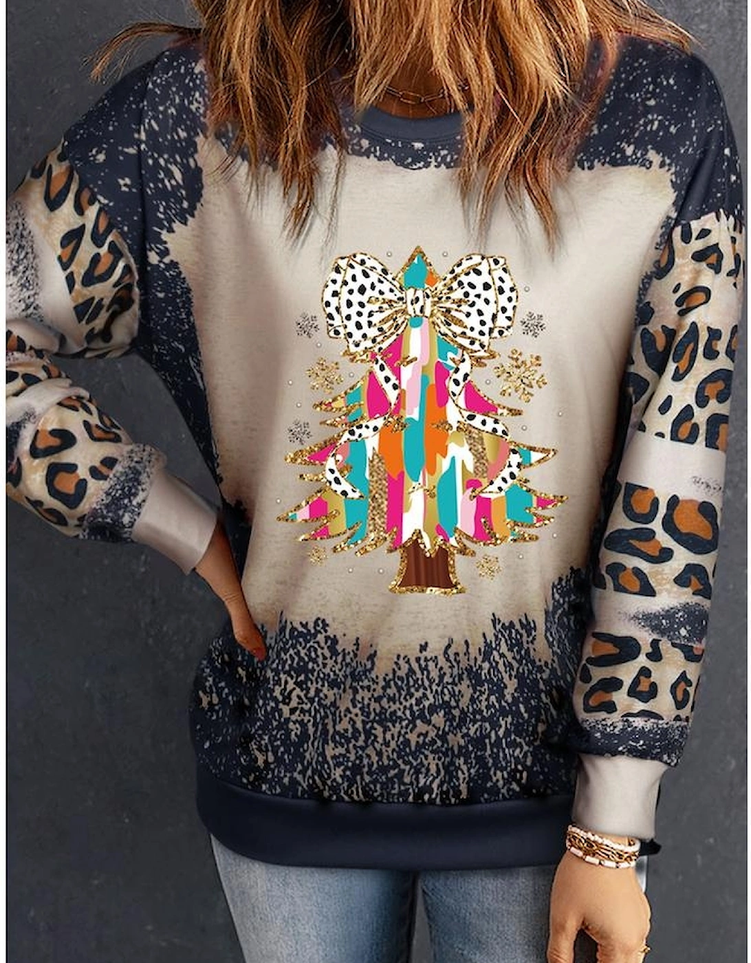Black Christmas Tree Graphic Bleached Leopard Tie Dye Sweatshirt