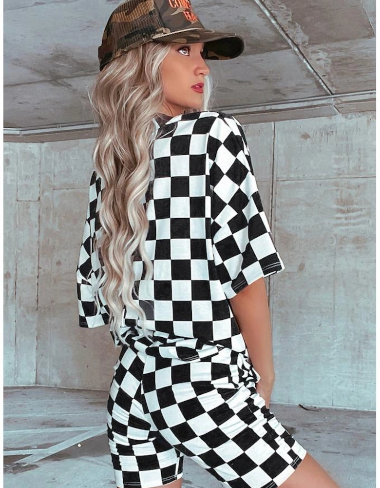 Black Checkerboard Print V Neck Loose Tee and Shorts Lounge Set