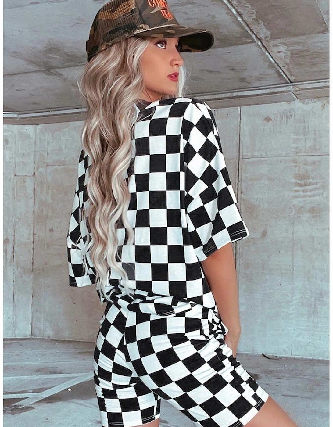 Black Checkerboard Print V Neck Loose Tee and Shorts Lounge Set, 13 of 12