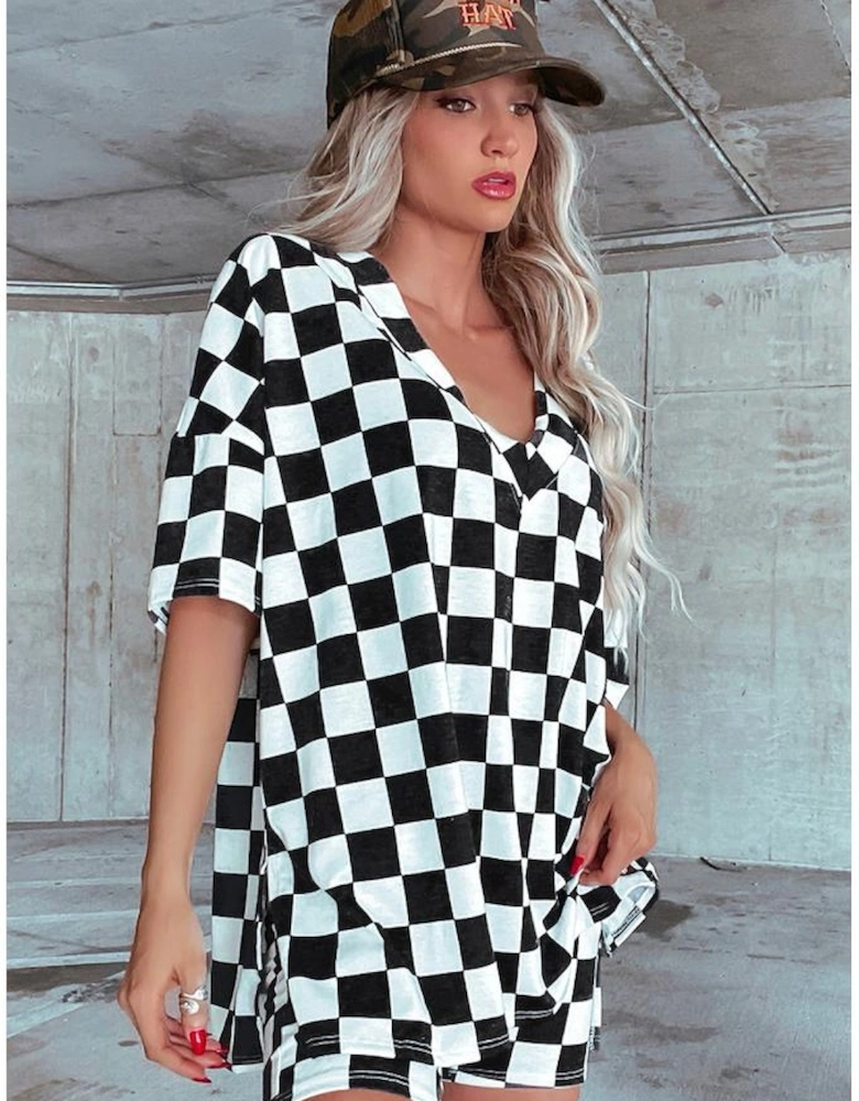Black Checkerboard Print V Neck Loose Tee and Shorts Lounge Set