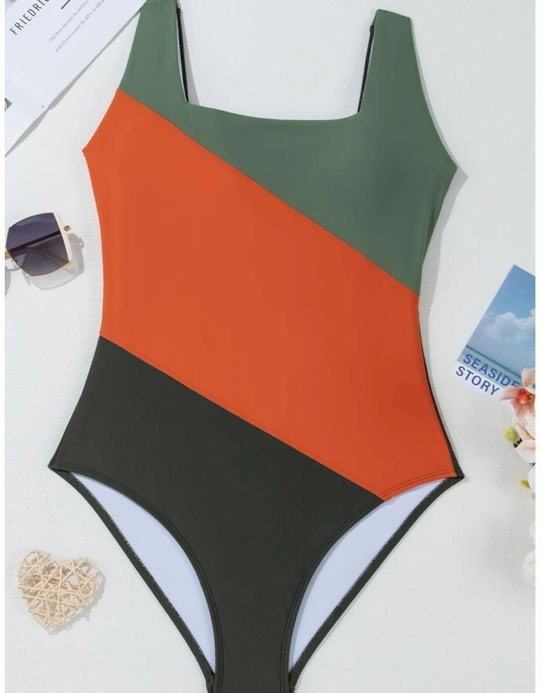 Duffel Green Color Block Padded Square Neck One Piece Swimsuit