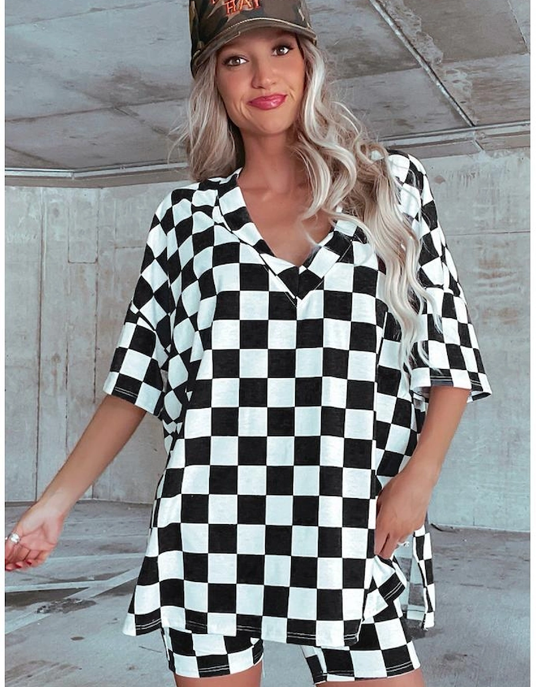 Black Checkerboard Print V Neck Loose Tee and Shorts Lounge Set