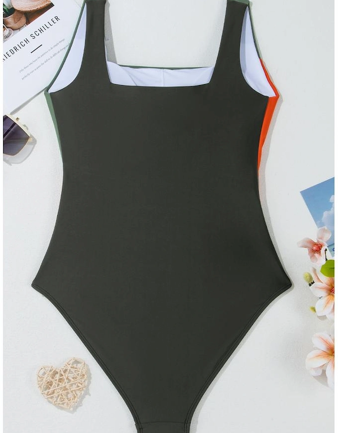 Duffel Green Color Block Padded Square Neck One Piece Swimsuit
