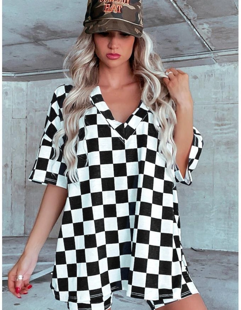 Black Checkerboard Print V Neck Loose Tee and Shorts Lounge Set