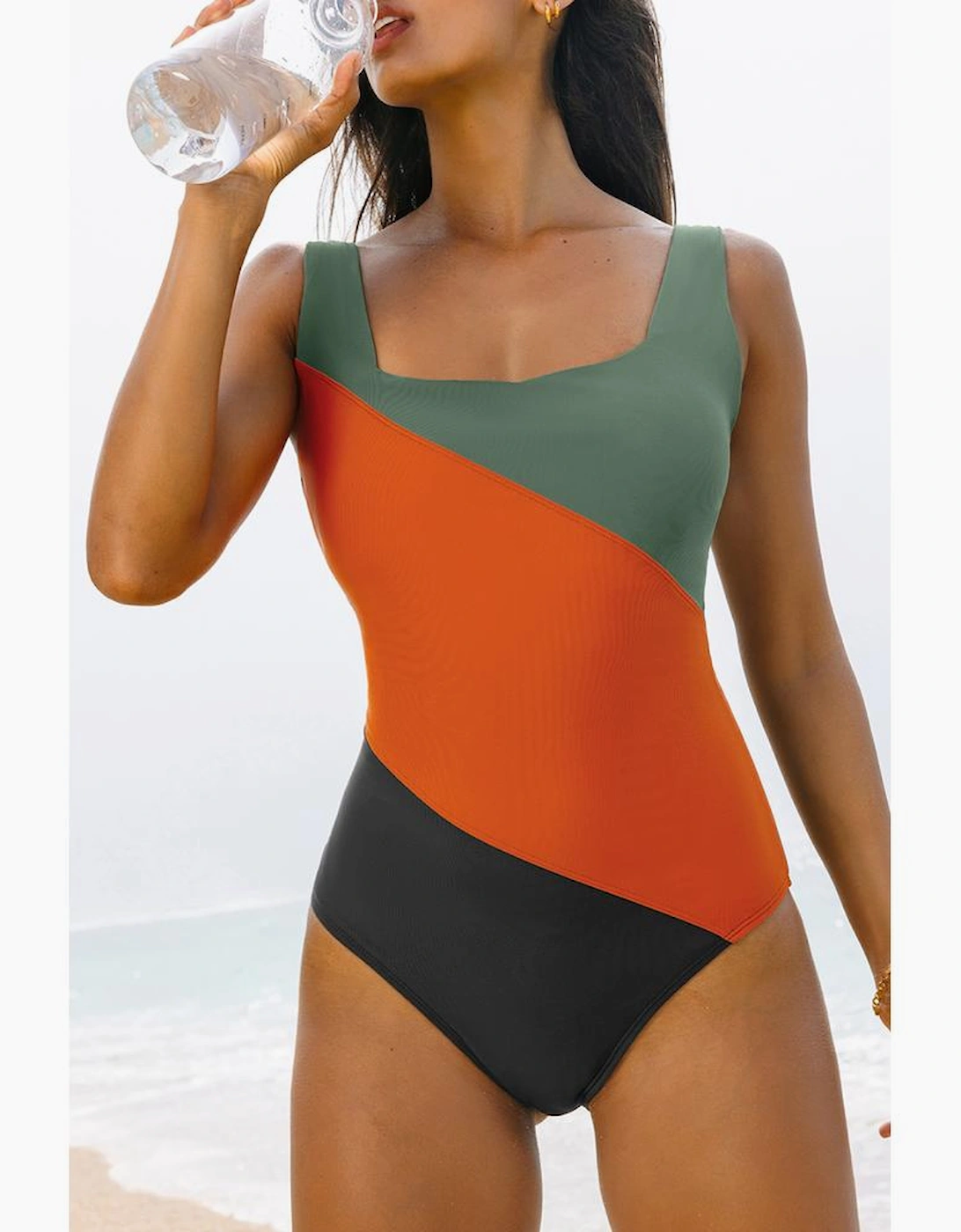 Duffel Green Color Block Padded Square Neck One Piece Swimsuit