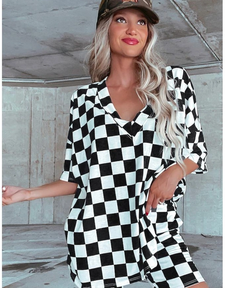 Black Checkerboard Print V Neck Loose Tee and Shorts Lounge Set