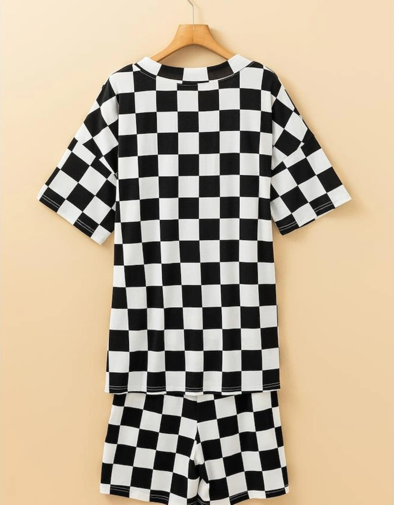Black Checkerboard Print V Neck Loose Tee and Shorts Lounge Set