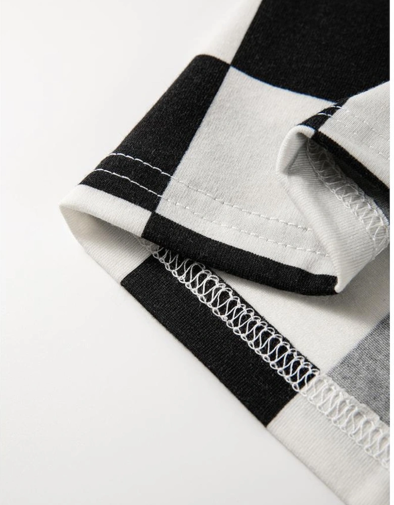 Black Checkerboard Print V Neck Loose Tee and Shorts Lounge Set