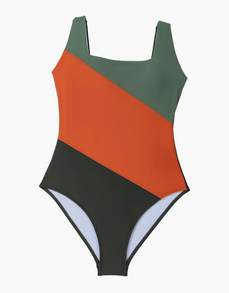 Duffel Green Color Block Padded Square Neck One Piece Swimsuit