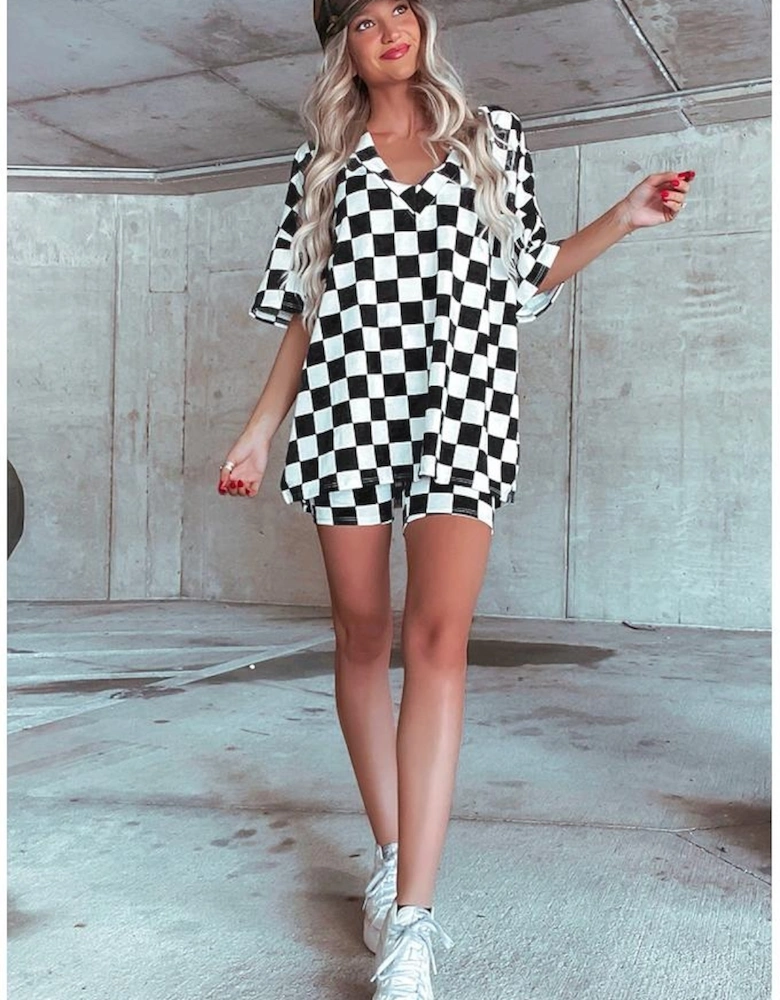 Black Checkerboard Print V Neck Loose Tee and Shorts Lounge Set