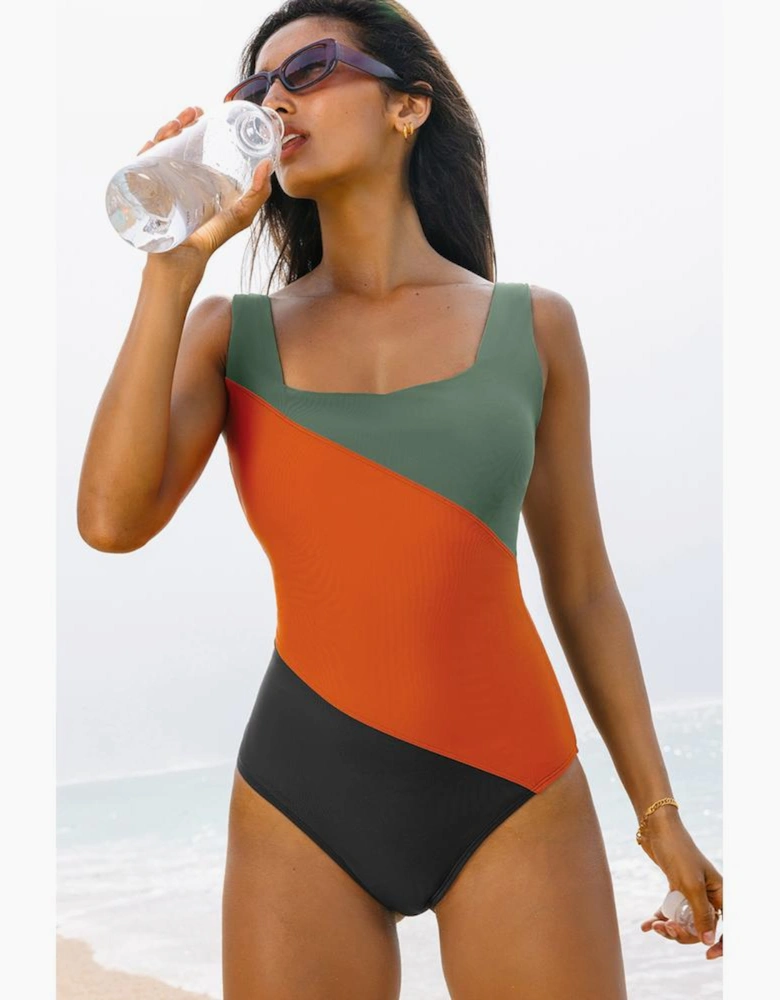 Duffel Green Color Block Padded Square Neck One Piece Swimsuit