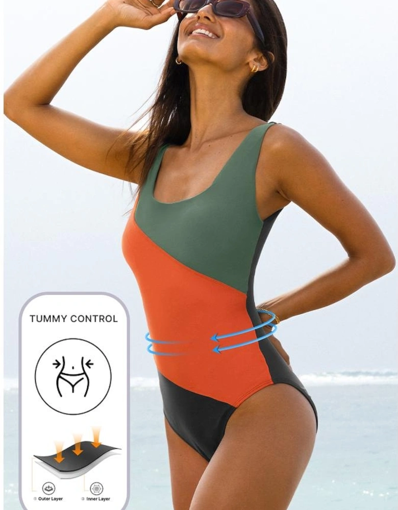 Duffel Green Color Block Padded Square Neck One Piece Swimsuit