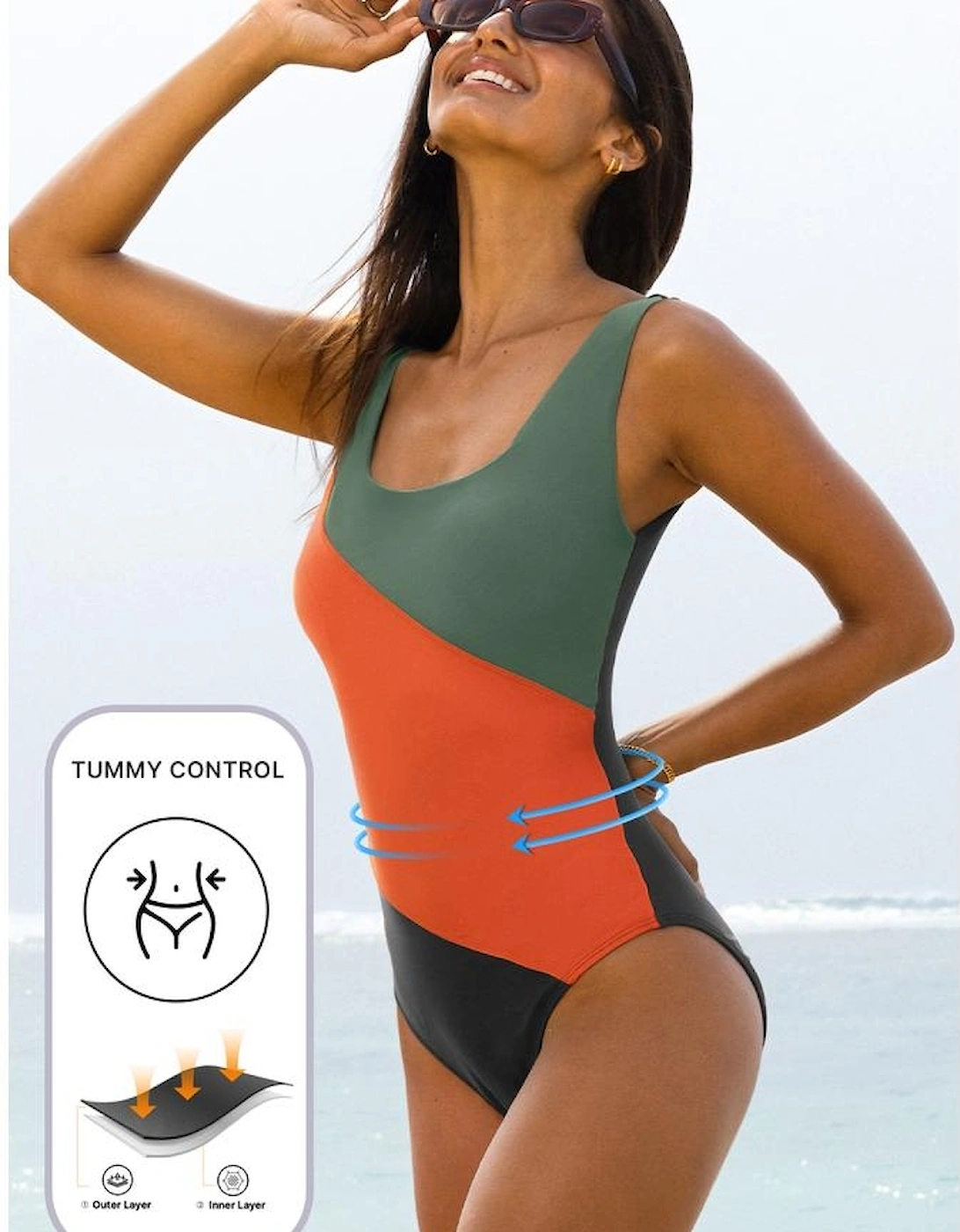 Duffel Green Color Block Padded Square Neck One Piece Swimsuit