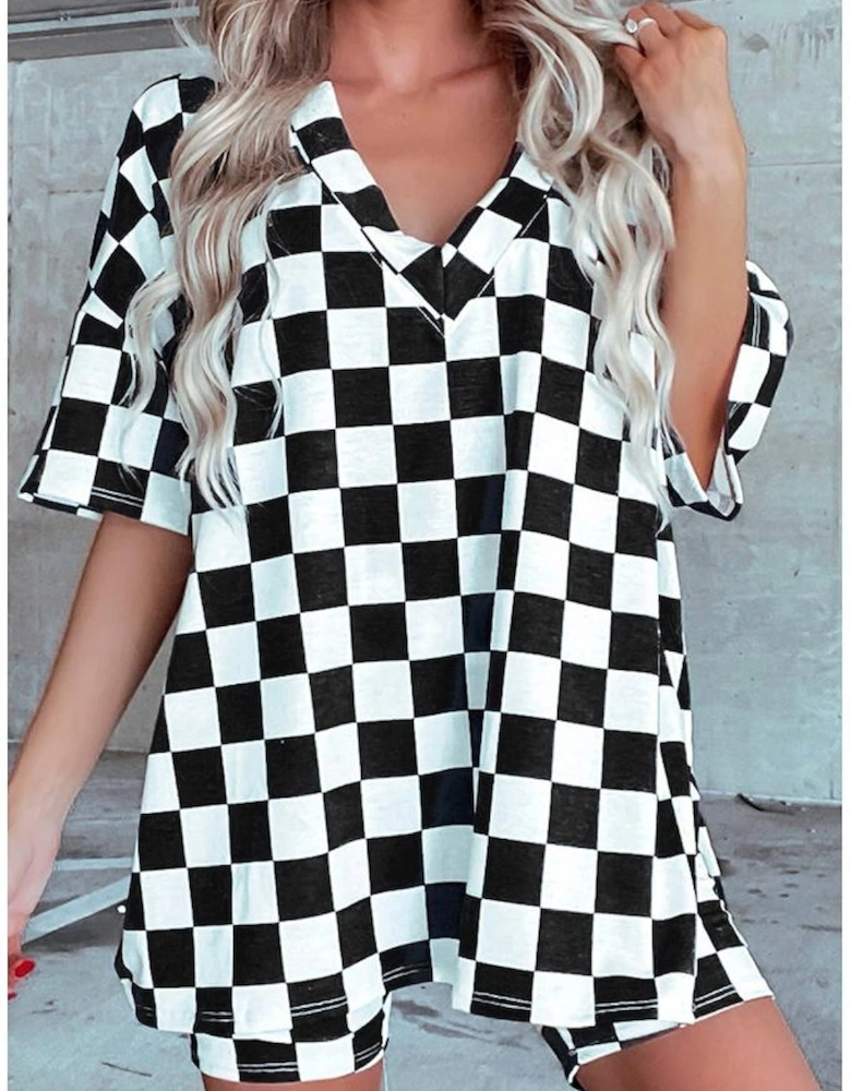 Black Checkerboard Print V Neck Loose Tee and Shorts Lounge Set