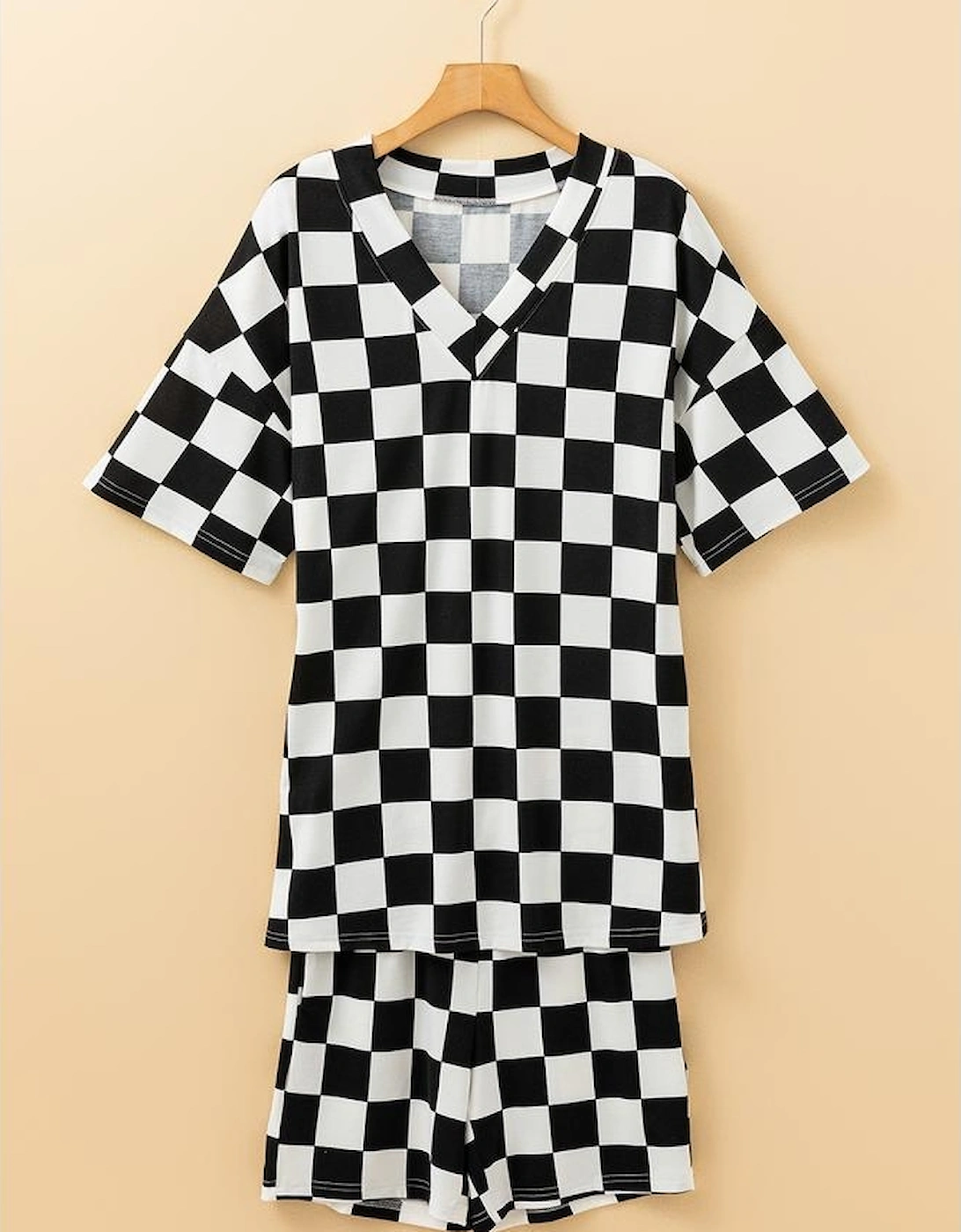 Black Checkerboard Print V Neck Loose Tee and Shorts Lounge Set