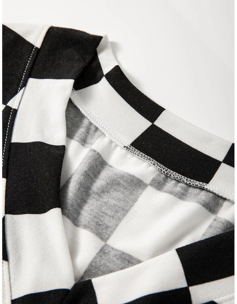 Black Checkerboard Print V Neck Loose Tee and Shorts Lounge Set